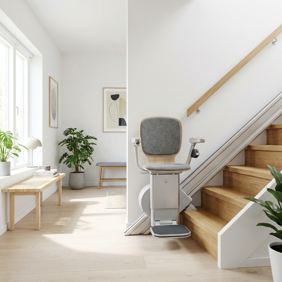 Moderner Treppenlift an einer Treppe in einem hellen, aufgeräumten Flur