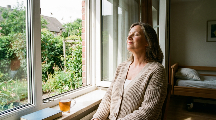 Pflegende Angehörige sitzt entspannt am offenen Fenster und atmet tief durch