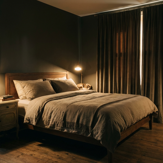 Ruhiges, abgedunkeltes Schlafzimmer mit gemachtem Bett