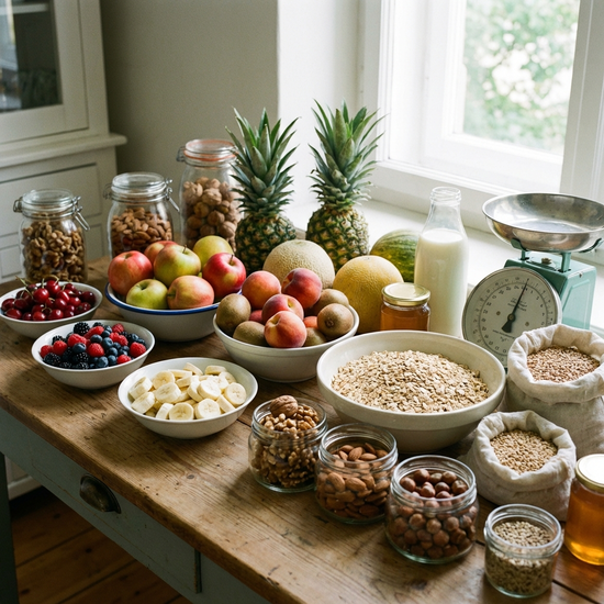 Frisches Obst, Nüsse und Haferflocken auf einem Küchentisch