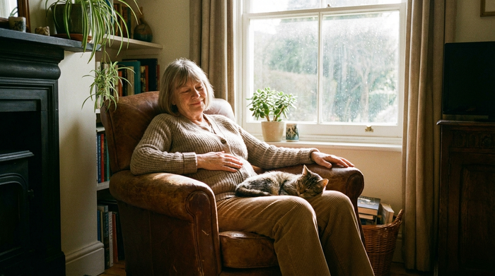 Frau sitzt bequem in einem Sessel mit einer Hand auf dem Bauch