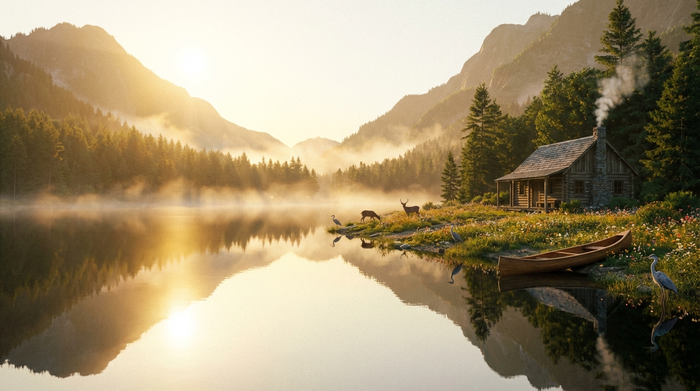 Friedliche Naturkulisse mit ruhigem See im Morgenlicht