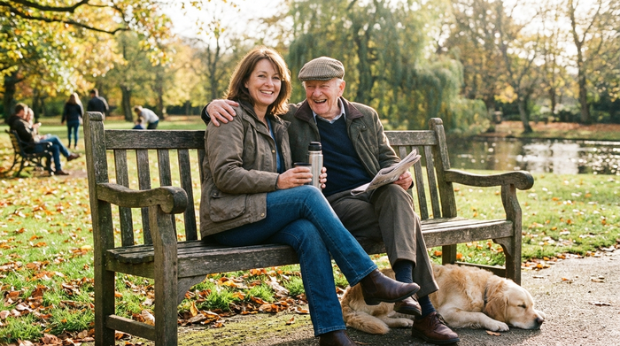 Pflegerin und Senior sitzen entspannt auf einer Parkbank