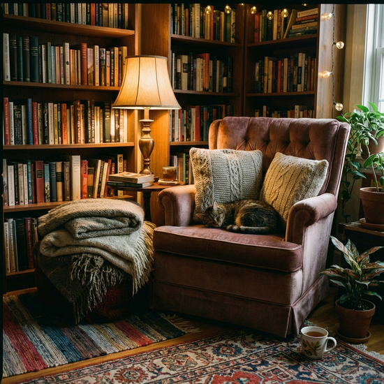 Gemütlich eingerichtete Leseecke mit weichem Sessel und gedimmtem Licht