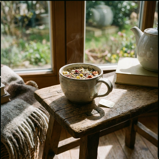 Tasse Kräutertee auf einem kleinen Holztisch