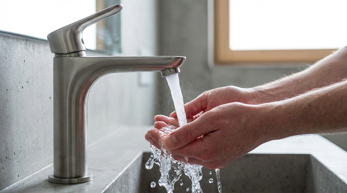 Klares kaltes Wasser fließt aus einem modernen Wasserhahn über Hände