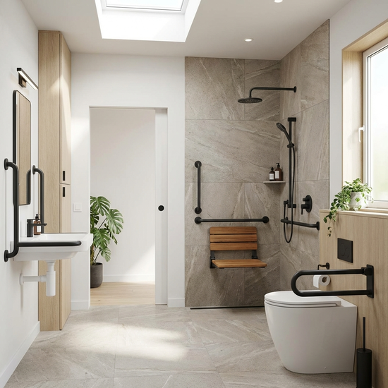 Modernes, barrierefreies Badezimmer mit Haltegriffen und Duschsitz