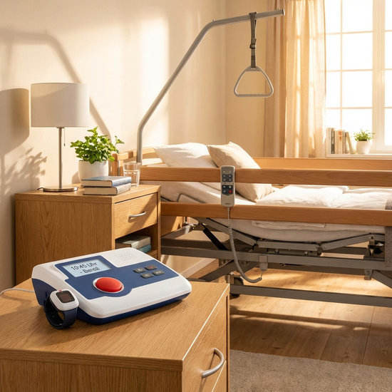 Hausnotruf-Gerät auf Nachttisch neben einem Pflegebett