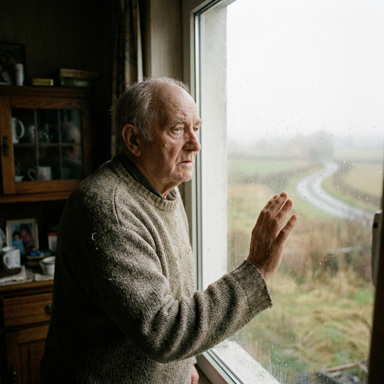 Älterer Herr blickt desorientiert aus dem Fenster in die Ferne