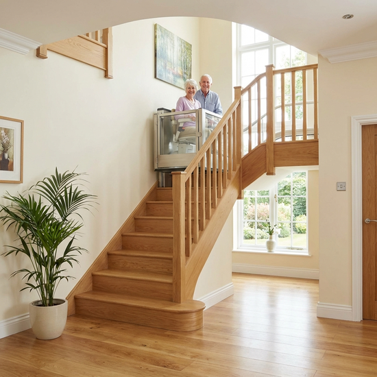 Treppenlift in einem hellen, gepflegten Treppenhaus