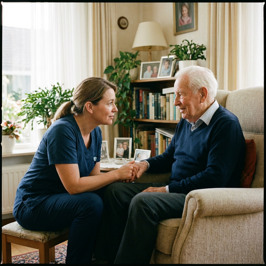 Einfühlsame Pflegekraft sitzt auf Augenhöhe bei einem Senior und hört aufmerksam zu