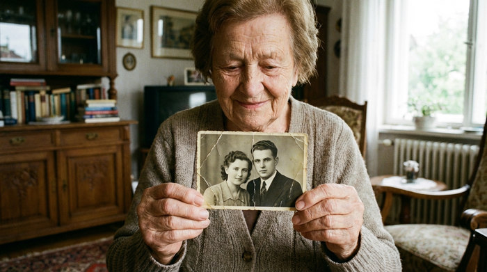 Ältere Dame hält behutsam ein altes Schwarz-Weiß-Foto in den Händen und lächelt