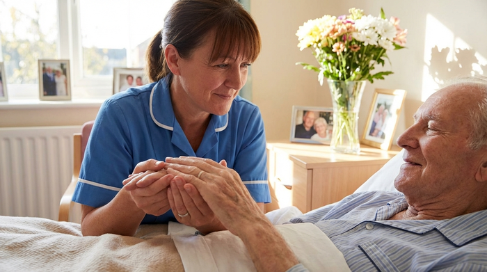 Pflegekraft hält beruhigend die Hand eines Seniors