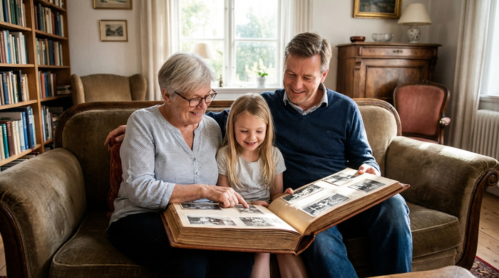 Gemeinsames Betrachten eines alten Fotoalbums