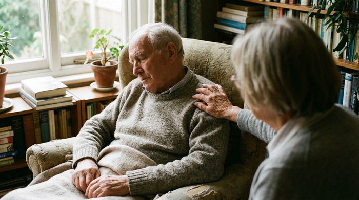 Sanfte Berührung an der Schulter eines ruhenden älteren Herrn