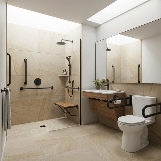 Modernes, barrierefreies Badezimmer mit Haltegriffen und Duschsitz
