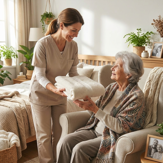 Pflegekraft reicht einer älteren Dame ein weiches Handtuch