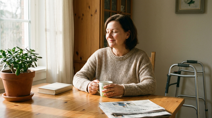 Pflegende Angehörige sitzt entspannt mit einer Tasse Tee am Küchentisch