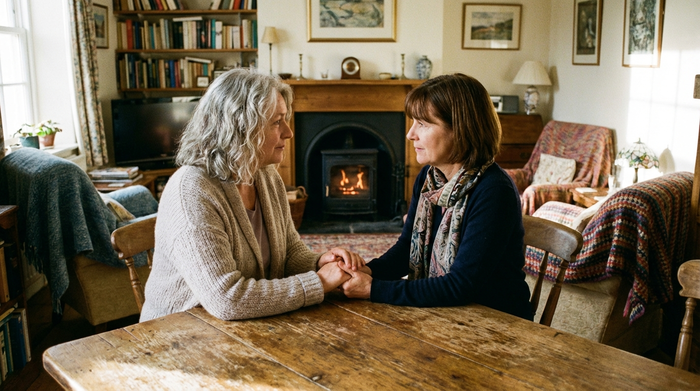 Zwei Frauen mittleren Alters sitzen sich in einem gemütlichen Raum gegenüber und halten sich tröstend an den Händen