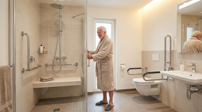 Seniorengerechtes Badezimmer mit bodengleicher Dusche und Haltegriffen