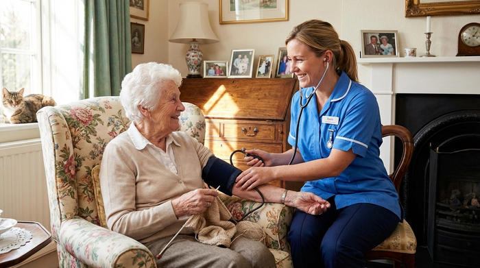 Freundliche Pflegekraft misst den Blutdruck einer älteren Dame im Wohnzimmer