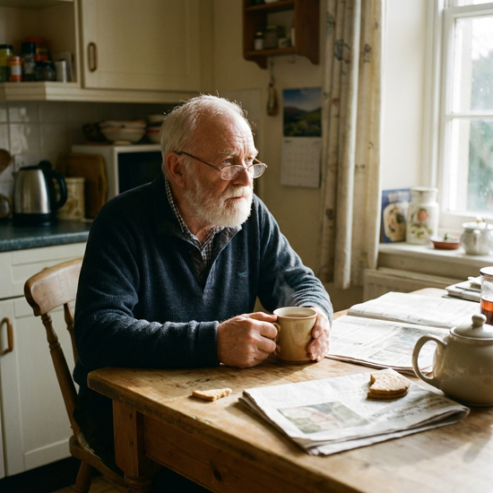 Älterer Herr sitzt nachdenklich am Küchentisch mit einer Tasse Tee