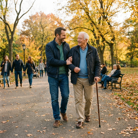 Pflegender Sohn stützt seinen Vater beim gemeinsamen Spaziergang im Park