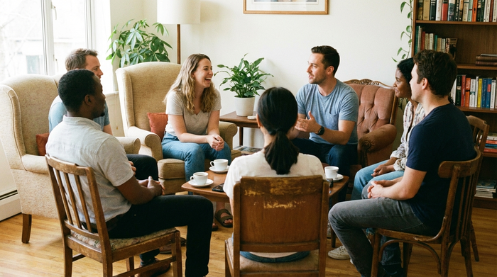 Kleine Gruppe von Menschen sitzt im Stuhlkreis und tauscht sich aus