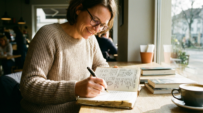 Frau notiert sich hilfreiche Tipps in ein Notizbuch