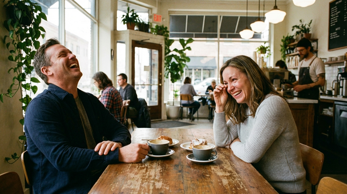 Zwei Teilnehmer einer Gruppe lachen gemeinsam bei einer Tasse Kaffee