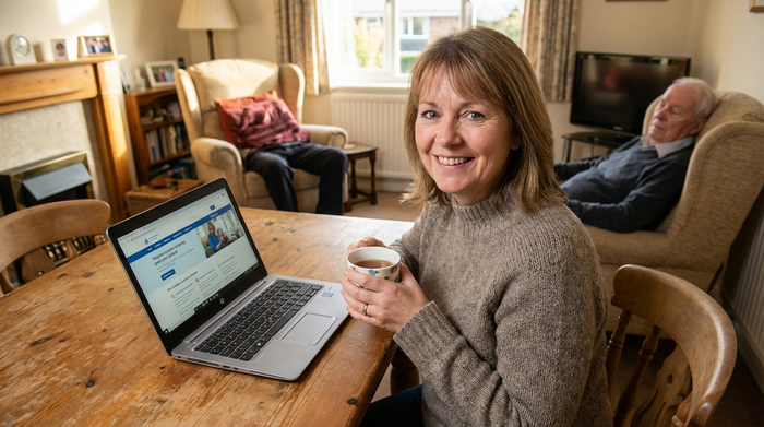 Pflegende Angehörige sitzt mit einer Tasse Tee vor einem Laptop und lächelt in die Kamera