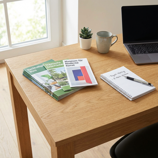 Informationsbroschüren und Notizblock liegen auf einem aufgeräumten Schreibtisch