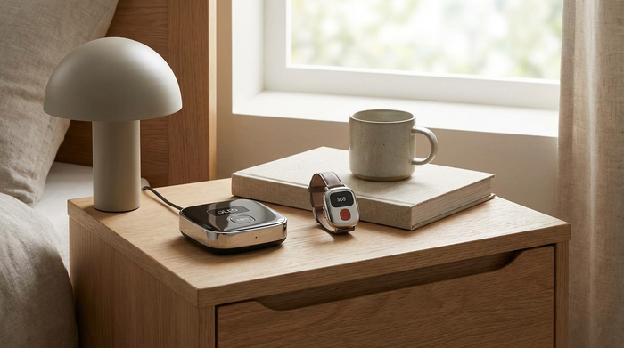 Modernes Hausnotruf-Gerät liegt griffbereit auf einem Nachttisch