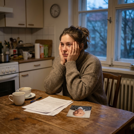 Erschöpfte erwachsene Tochter sitzt nachdenklich an einem Tisch
