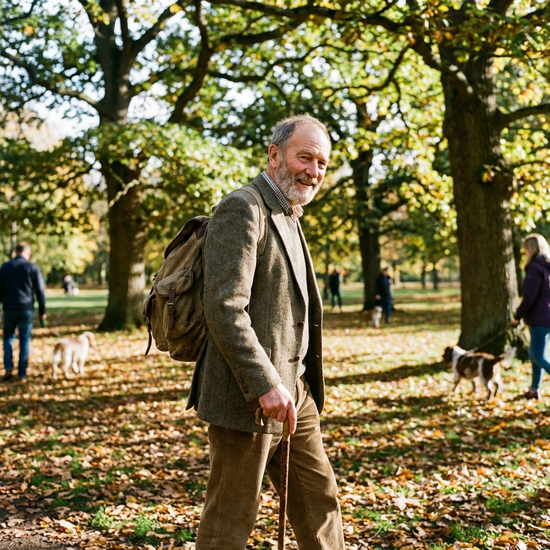 Entspannter Senior bei einem Spaziergang in einem sonnigen Park
