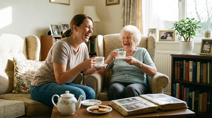 Pflegekraft und Seniorin lachen gemeinsam beim Teetrinken im Wohnzimmer