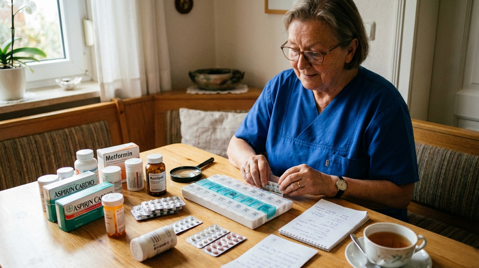 Pflegekraft ordnet Medikamente auf einem Tisch