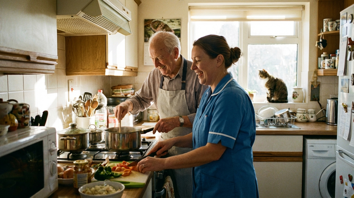 Senior und Pflegekraft beim gemeinsamen Kochen