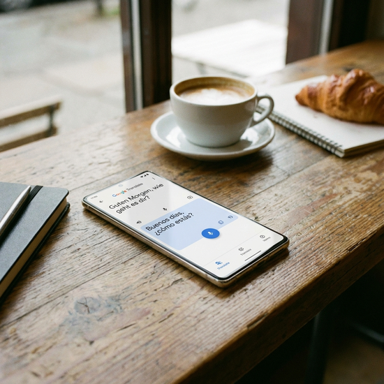 Smartphone mit geöffneter Übersetzungs-App auf einem Tisch