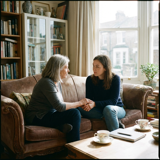 Zwei Frauen im ruhigen, klärenden Gespräch auf dem Sofa