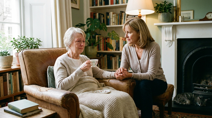 Einfühlsames Gespräch zwischen einer älteren Dame und einer Trauerbegleiterin in einem gemütlichen Wohnzimmer.
