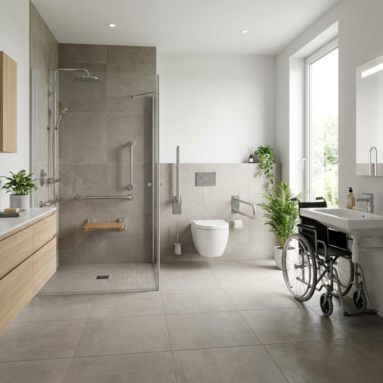 Barrierefreies Badezimmer mit bodengleicher Dusche.