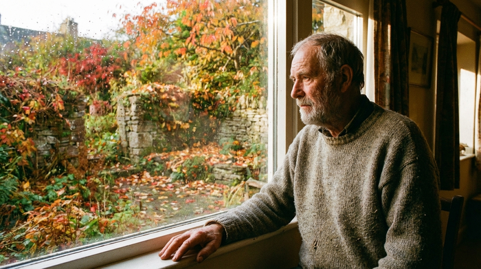 Senior blickt nachdenklich aus dem Fenster in den herbstlichen Garten.