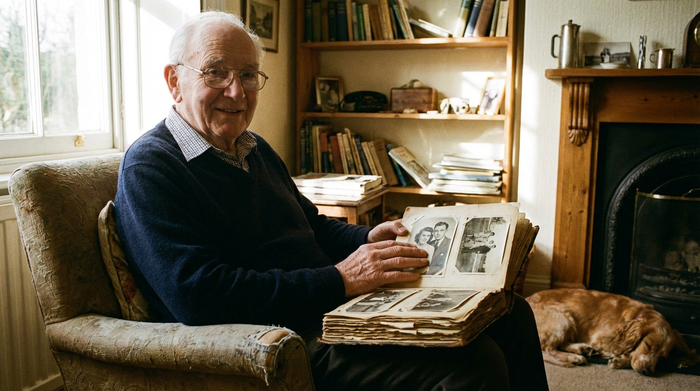 Älterer Herr betrachtet ruhig ein altes Fotoalbum.