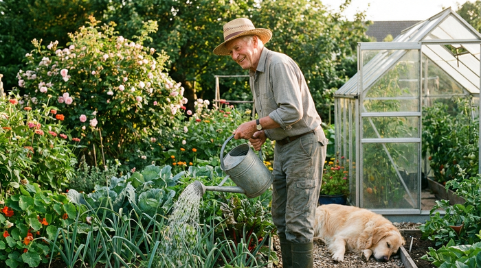 Senior gießt Pflanzen im Garten.
