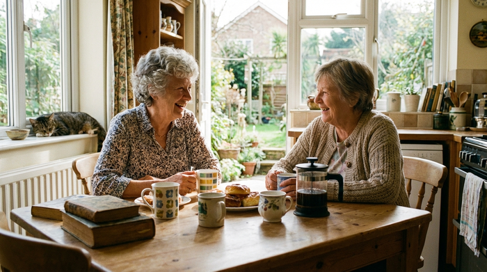 Seniorin trinkt gemeinsam mit einer Freundin Kaffee am Küchentisch.