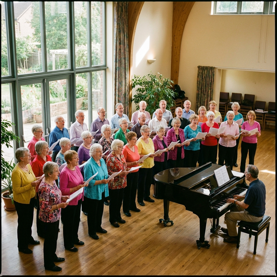 Seniorenchor singt gemeinsam in einem hellen Raum.