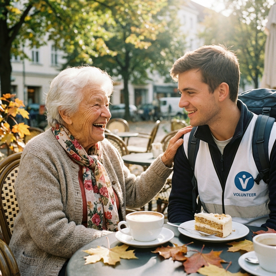 Ältere Dame lacht im Gespräch mit einem ehrenamtlichen Helfer.