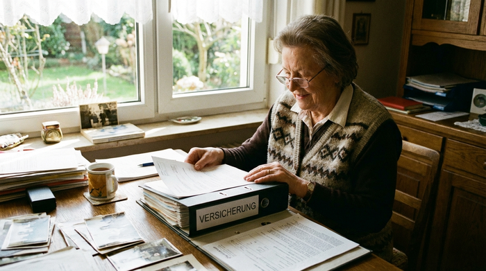 Seniorin sortiert Unterlagen in einem Aktenordner am Schreibtisch.