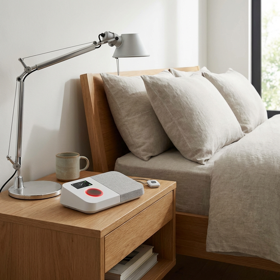 Modernes Hausnotrufgerät auf einem Nachttisch.